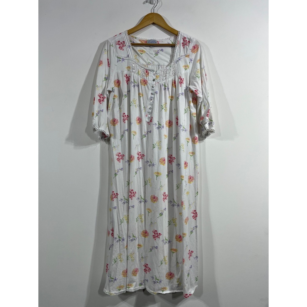 Lanz of Salzburg Womens Floral Cotton Nightgown Lace Trim Medium Cottagecore
